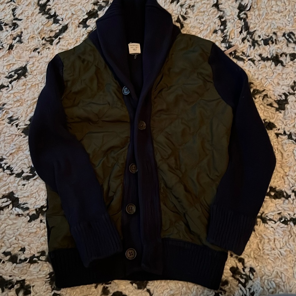 boys crewcuts navy and green quilted sweater cardigan. gently worn 6-7